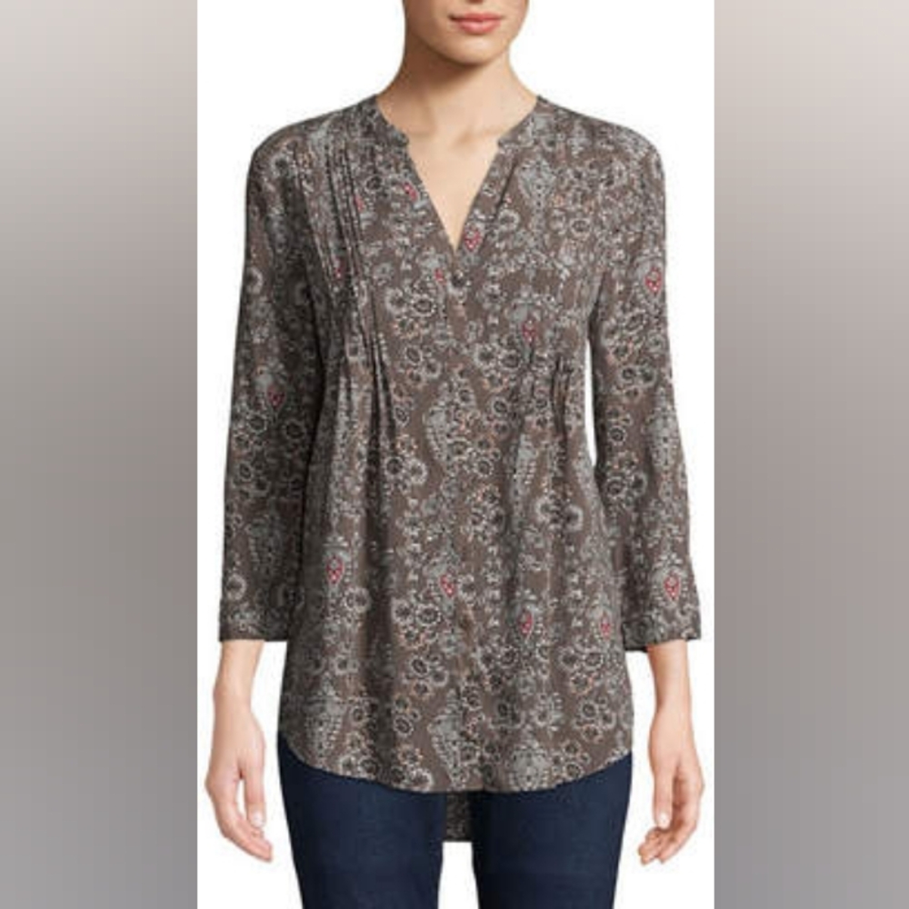 St John's Bay Floral Button Front Vee Neck 3/4 Length Sleeve Brown size XL